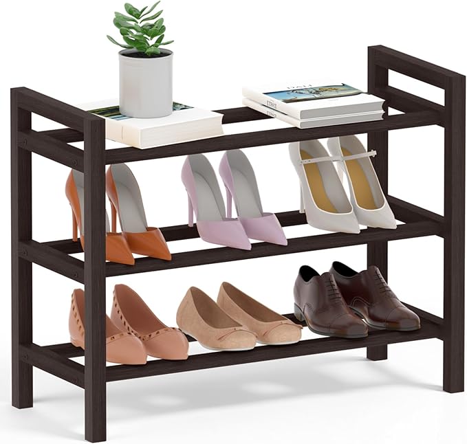Haddockway Bamboo Shoe Rack for Closet, Free Standing Shoe Organizer with Smooth Round Rods & Convenient Handles, Stackable Shoe Storage Shelf for Entryway, Hallway(Brown, 3-Tier(Small))