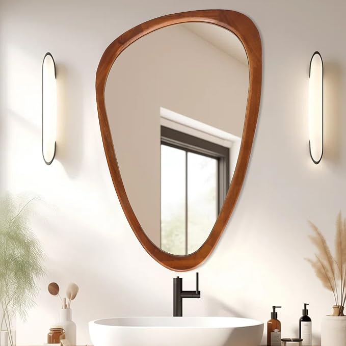 30''x20'‘Asymmetrical Mirror with Wood Frame, Small Irregular Wall Mirror Odd Shaped Mid Century Modern Mirror Decor for Bedroom Living Room Entryway Hall