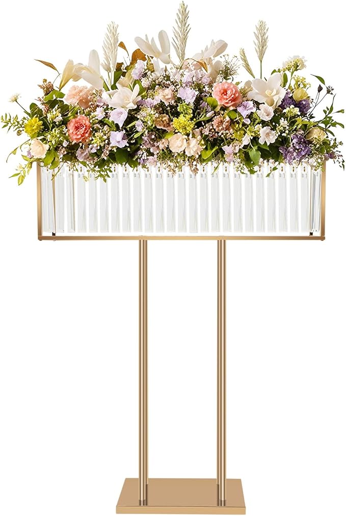 Metal Flower Floor Vase, Wedding Crystal Centerpiece Flower Stand, 35.43 inch Tall Gold Flower Holder, Square Gold Frame Flowers Stand for Party, Floral Arrangement Stand for Home Banquet