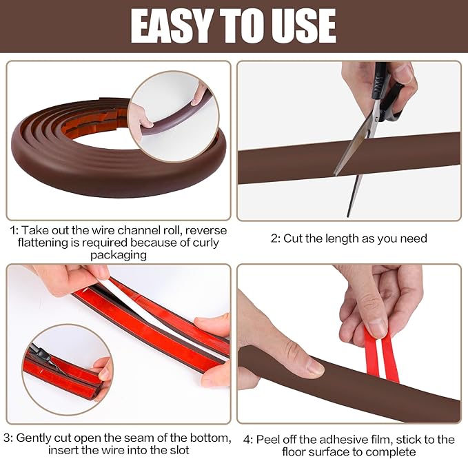 Floor Cord Cover Self Adhesive Cord Hider,10FT Cable Management, Extension Strip Protector for Wires, Prevent Cable Trips for Offices, Gyms, Exhibitions Cavity:0.3"(W) x 0.28"(H) Coffee
