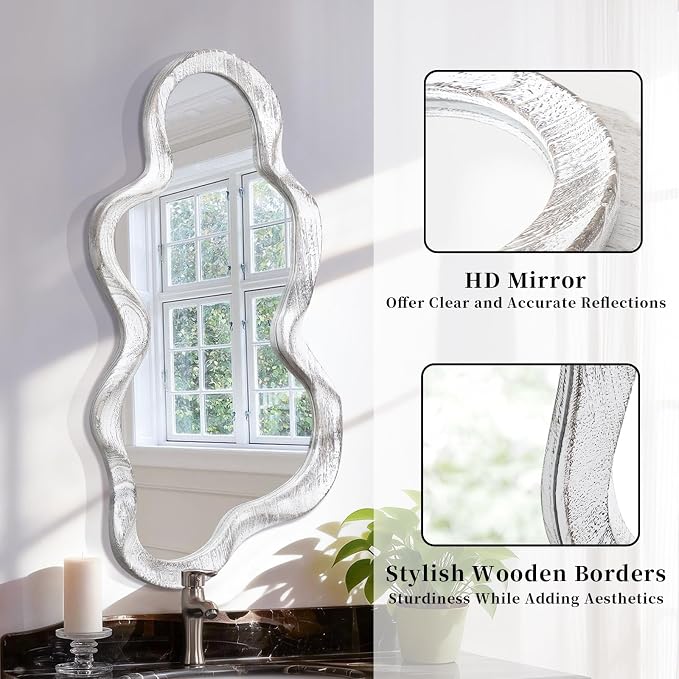 Irregular Wood Frame Mirror Asymmetrical Mirrors for Wall Unique Cloud Modern Living Room Bedroom Vanity Entryway Hallway Decorative Artistic Cute and Stylish Wall Mirror Large