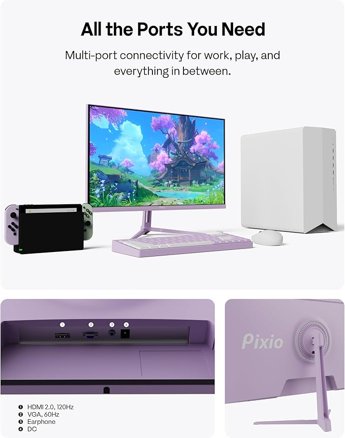 Pixio PX246 Wave Purple 24 inch 120Hz Refresh Rate FHD 1080p Resolution IPS Panel 4ms GTG Response Time Gaming Monitor with Adaptive Sync
