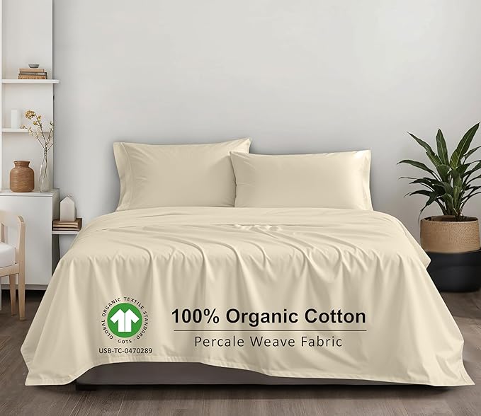 RUVANTI 100% Organic Cotton Sheets Full Size, Percale Weave, GOTS Certified, 4-Piece Set, Deep Pocket 15", Crisp & Breathable, Soft Durable Bedding, Sábanas Algodón Orgánico – Cloud Cream