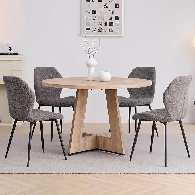 47" Round Dining Table Set for 4 with Chairs Circle Kitchen Table and Chairs Set Mid-Century Modern Chair with Metal Legs for Apartment Living Room(1 Natural Table + 4 Gray Chairs)