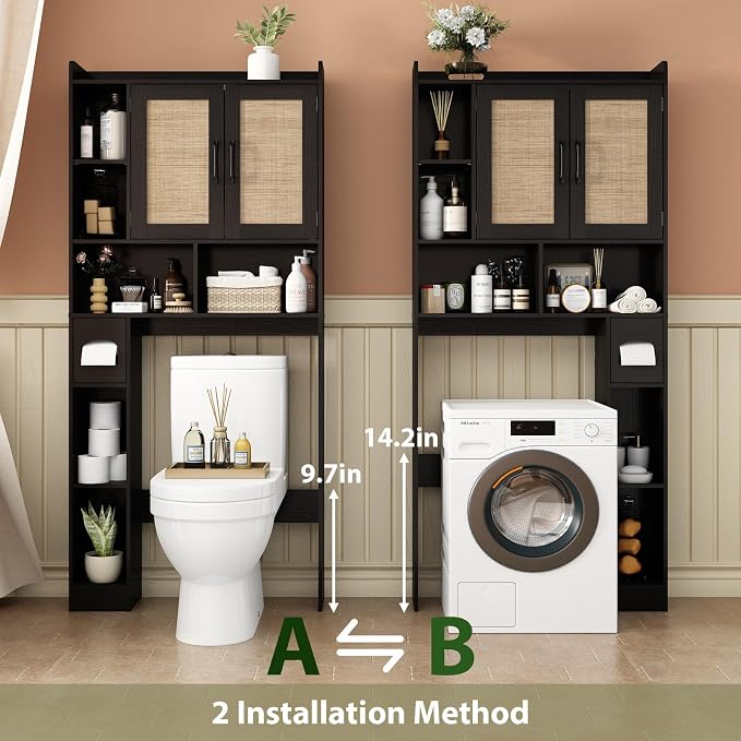 RUSTOWN Rattan Over The Toilet Storage Cabinet, Boho Over Toilet Bathroom Organizer with 2 Doors & Adjustable Shelves, Modern Above Toilet Rack with Toilet Paper Holder for Bathroom, Laundry(Black)