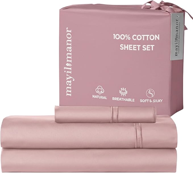100% Natural Cotton Bed Sheets | 500 TC Single-Ply Sateen Weave Twin XL Sheets | Soft, Breathable, Hypoallergenic Solid 3-Piece Bedding with Deep Pocket Fitted, Flat, Pillowcase | Blush