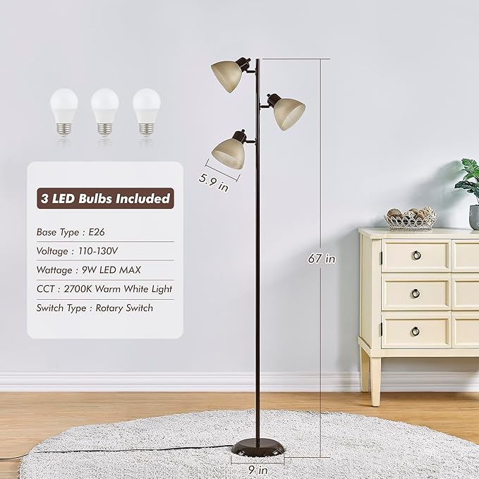 Modern Tree Floor Lamp for Living Room Bedroom, Tall Pole Standing Lamps with 3 Adjustable Rotating Heads for Office, Decor Corner, Reading Indoor, 3 Bright Lights LED Bulbs Included (Brown)