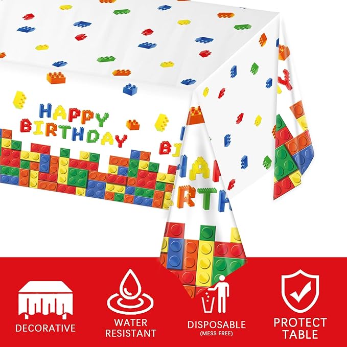 3 Pack Building Block Party Tablecloth Building Block Disposable Plastic Table Cover for Children Kids Blocks Birthday Party Supplies, 54 x 108 Inch