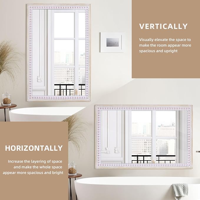 Decointo 35x23 Inch Wooden Rustic Farmhouse Rectangle Wall Mirror | Boho Decorative Mirror for Bathroom Over Sink, Entryway, Living Room, Bedroom, Vanity Mirror, Vertical or Horizontal Hanging
