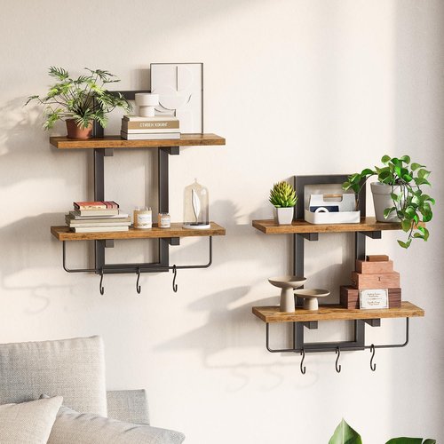 Creso Hom Floating Wall Shelves - Set of 2 Wooden Shelves with 6 Hooks | Rustic Brown for Home Decor