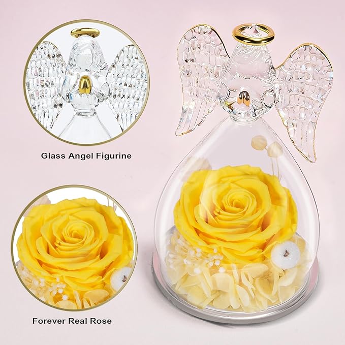 Yamonic Mom Birthday Gifts for Mom,Angel Figurines with Real Rose Gifts for Her Mom Grandma,Preserved Flowers Rose Angel Figurines for Mothers Day Christmas Anniversary Birthday Gifts for Wife(Yellow)