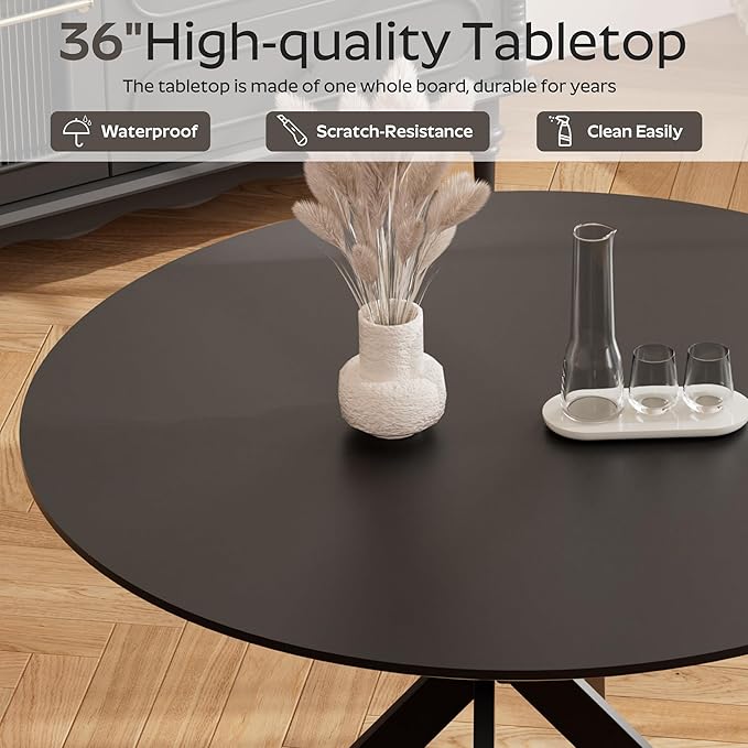 RGZ Mid Century Black Round Dining Table Set for 4, 36" Small Wooden Circle Kitchen Table & 4 White PU Leather Kitchen Chairs, Dinner Table Set for Home, Apartment, Dining Room