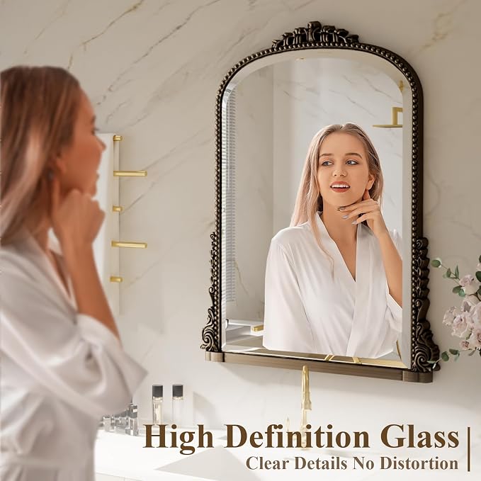 24"×32" Bronze Wide Arched Wall Mirror, Vintage Carving Bathroom Vanity Makeup Mirror, as Wall Decor Hanging Leaning for Fireplace Mantle, Living Room, Bedroom, Vanity Area