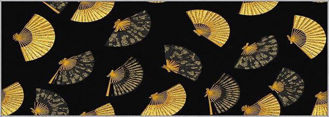 Oriental Fan Runner Rug 4x12, Black and Gold Vintage Asian Design, Japanese Style Area Rug, Washable Non-Slip Floor Carpet Runner for Bedroom, Dining Room, Living Room Aisle