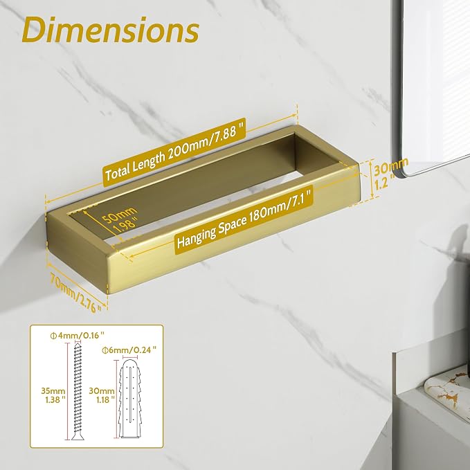 Sayayo Brushed Gold Towel Bar for Bathroom, 8 Inch Hand Towel Holder Wall Mount Square Towel Ring SUS304 Stainless Steel Towel Rack