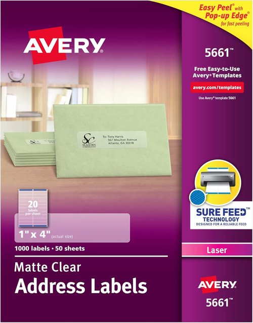Avery Printable Address Labels - Sure Feed Technology | Matte Clear, 1" x 4", 1,000 Blank Labels