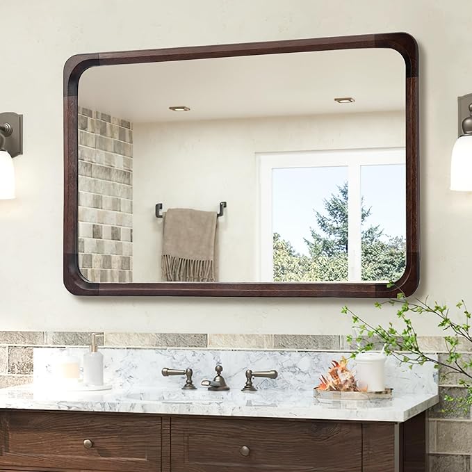Tanmicoshomy Wood Bathroom Mirror 26 x 40 Inch, Solid Wood Framed Rectangle Mirrors with Tempered Glass for Living Room Bedroom Office or Entryway(Dark Brown)