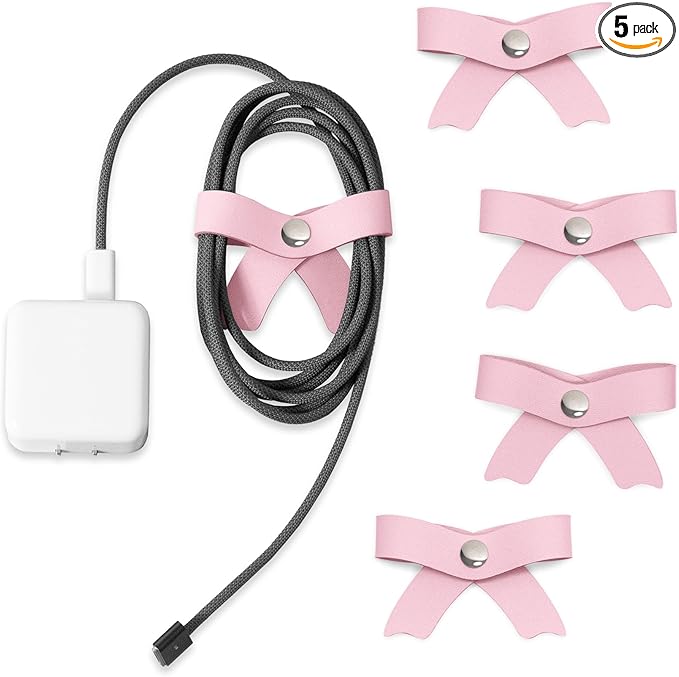 SenseAGE 5 Pack Cord Organizer, Bow Cord Keeper, Cable Organizer USB Holder, Leather Cable Management, Cable Straps, Earphone Winder, Storage Straps for Electronics, Earbuds, Big, Pink