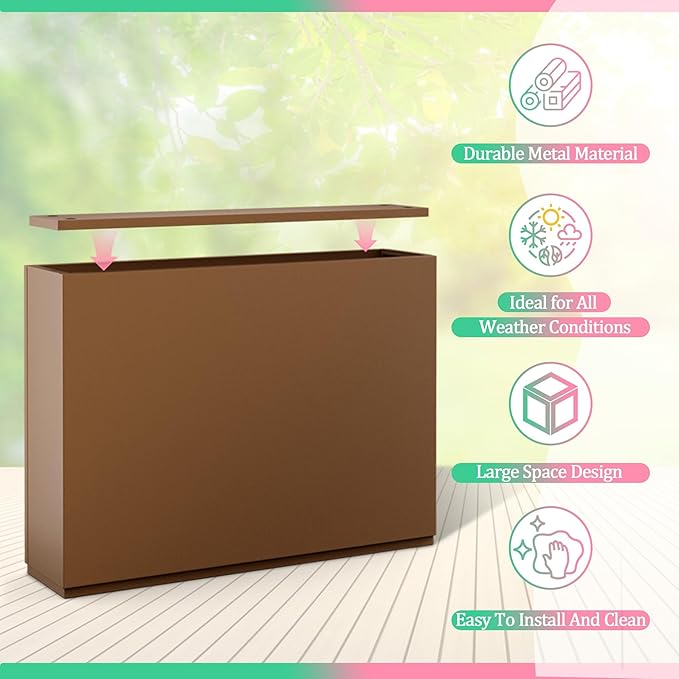 Metal Planter Box Rectangular Planter Box with Drainage Hole, Outdoor Large Planters, All-Weather Use, Rust-Resistance, for Flowers Plants, 35.4" L × 9.1" W × 25.6" H, Brown