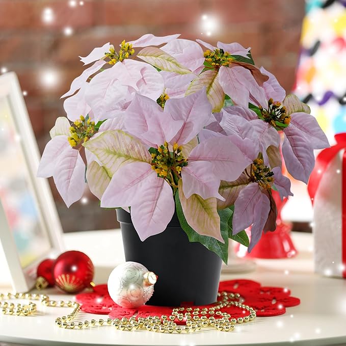 Artificial Pink Poinsettia Plant - 14Inch Faux Christmas Flowers for Indoor Outdoor Xmas Porch Garden Decorations