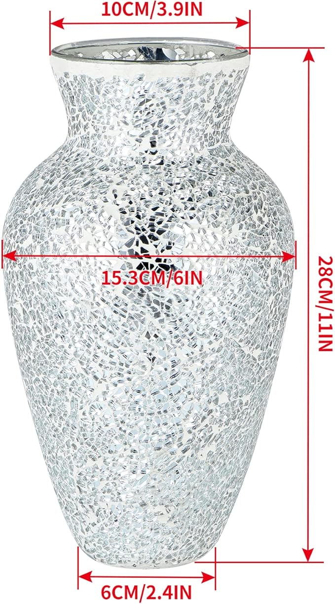 MDLUU Mosaic Vase 11" Tall, Handcrafted Cracked Glass Vase, Decorative Flower Vase for Home Decor, Wedding, Table Centerpiece, Gift (Silver)