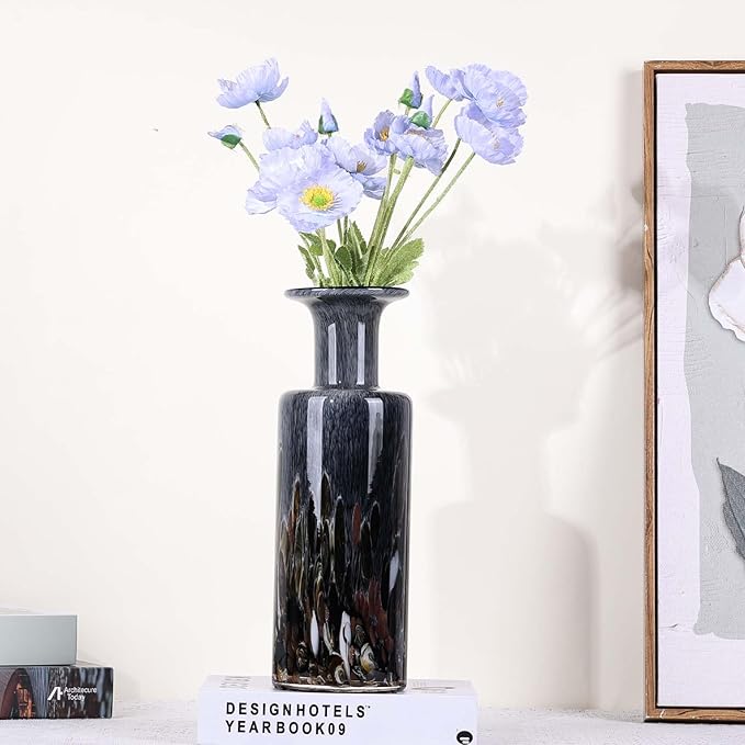 Hand Blown Glass Vase Smoke Gray – Murano Style Art Glass Vase with Wide Mouth for Flowers, Unique Bubble Vase, Modern Coastal Glass Decor for Dining Room, Coffee Table, Living Room Display(Gray)