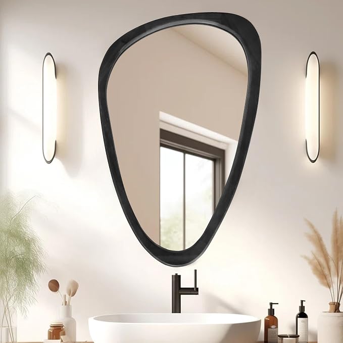 30''x20'' Asymmetrical Mirror with Wood Frame Black, Small Irregular Wall Mirror Odd Shaped Mid Century Modern Mirror Decor for Bedroom Living Room Entryway Hall