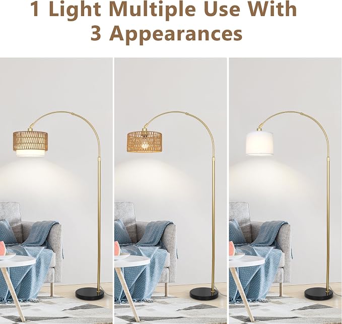Arc Floor Lamp for bedroom with Rattan & Linen Shades, Gold Floor Lamp with Remote & Dimming Bulb, Rustic Standing Lamp with 3 Color Temperatures, Adjustable Height Farmhouse Tall Lamp for Living Room