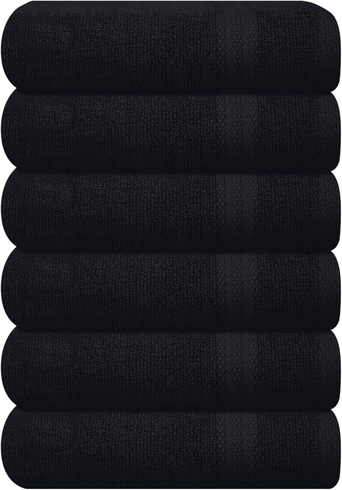GLAMBURG Ultra Soft 6-Piece Hand Towel Set 16x28-100% Ringspun Cotton - Durable & Highly Absorbent Hand Towels - Ideal for use in Bathroom, Kitchen, Gym, Spa & General Cleaning - Black
