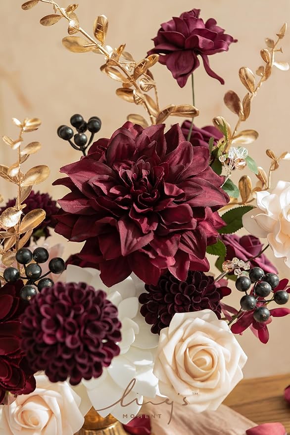 Ling's moment Fake Flowers Box, Faux Artificial Greenery Stems Foam Roses Gardenias Berries Silk Dahlia Fabic Flower for Centerpieces Bouquet Wedding Floral Vase, Marsala & Soft Peach, Deluxe Combo