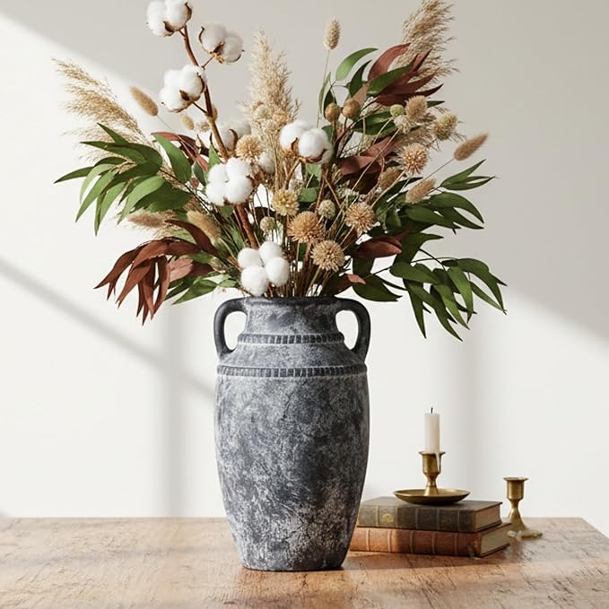 Farmhouse Rustic Ceramic Vase with Handles, 11 inch Gray-White Textured Modern Terracotta Vintage Vases for Home Decor Centerpieces Table Pottery Barn Furniture Decorative (Tall - C)
