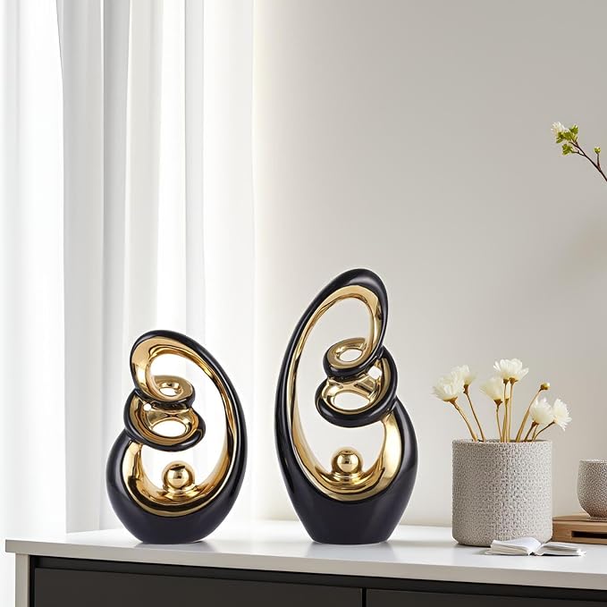 Black Ceramic Abstract Sculpture Statue,Mid Century Modern Gold Accent Decor,Porcelain Statues Art Deco Gold Show Piece for Home - Contemporary Tv Stand End Table Centerpieces (Black Gold)