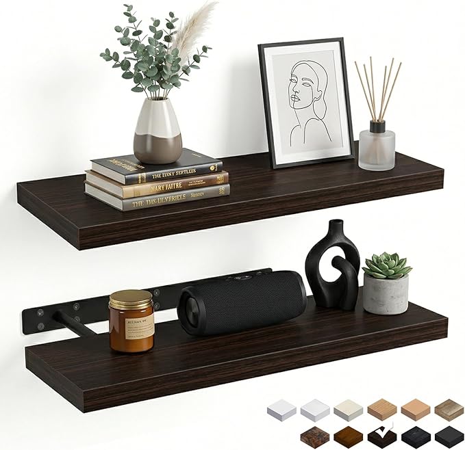 31.5in Floating Shelves for Wall, Wall Mounted Shelves for Decor Storage Set of 2, Floating Shelf for Bedroom, Bathroom, Living Room and Kitchen（Dark Walnut）