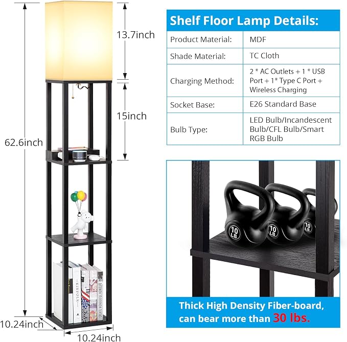 Mlambert Modern Shelf Floor Lamp with Wireless Charger & Fast Charging USB Ports & Type C Port & 2 Power Outlets,3 Tier Storage Lamp for Bedroom,Black