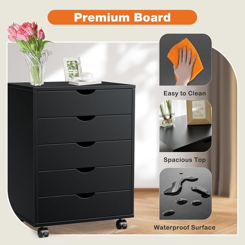 Regine Switzerland 5-Drawer Mobile File Cabinet - Rolling Vertical Storage with Wheels | Black Finish