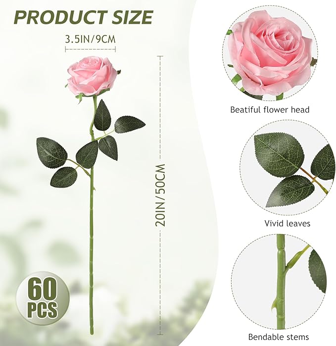 Kisflower 60 Pcs Pink Roses Artificial Flowers Bulk, Silk Roses with Stems Realistic Roses Artificial for Decoration DIY Wedding Bouquet Bridal Shower Party Home Table Centerpieces Decor (Pink)