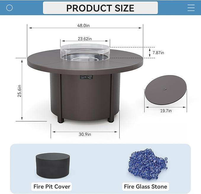 Kullavik 48" Round Propane Fire Pit Table,55000 BTU Auto-Ignitiongas Gas Fire Table with Fire Glass and Lid,Waterproof Cover and Blue Glass Stone for Patio,Balcony,Garden