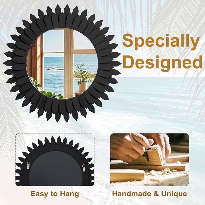 Boho Wood Sunburst Round Wall Mirror, 24 Inch Rustic Circle Wooden Frame Decorative Mirror for Farmhouse Coastal Home, Home Wall Decor for Living Room Entryway Bedroom, Light Wood