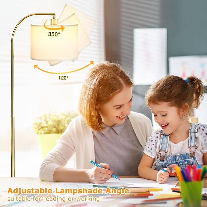 Ambimall Arc Floor Lamp with Remote and Stepless Dimmable Bulb, Colors Temperature & Brightness Adjustable, Floor Lamps for Living Room（White Shade & Gold Pole）