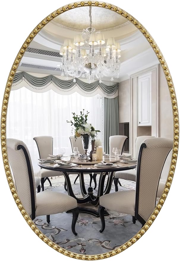 Gold Oval Bathroom Mirror, 24x36 Inch Floral Oval Mirrors for Wall, Antique Gold Metal Floral Frame Mirrors for Bedroom Living Room Hallway, Hangs Horizontally or Vertically