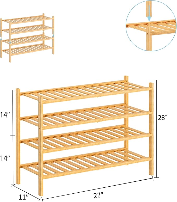RONGJlA 4 Tier Bamboo Shoe Rack for Closet Free Standing Wood Shoe Shelf Storage Organizer for Entryway Small Space Stackable, Natural