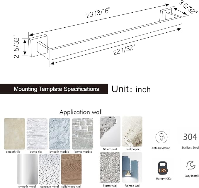 BANOLUX Towel Rack, 22 Inch Single Towel Bars for Bathroom, Towel Racks for Bathroom Wall Mounted SUS304 Hand Towel Holder Organize Heavy Duty, Brushed Nickel Towel Bar (Total Length 23.6-Inch)