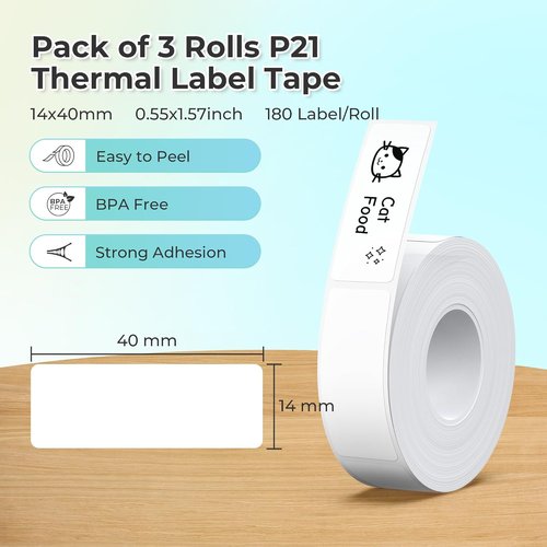 NELKO P21 Label Maker Tape - Genuine Standard Laminated Office Labeling | 14x40mm, 180 Labels/Roll, White