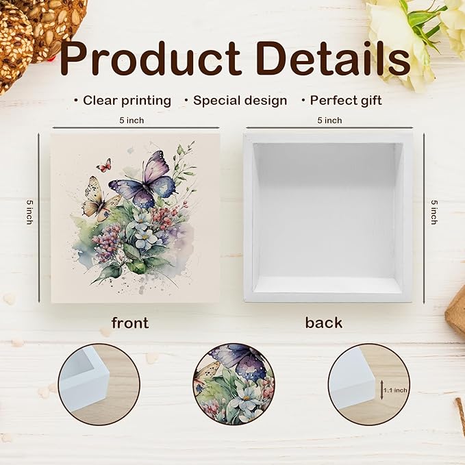 Vintage Butterfly Floral Wooden Box Sign Desk Decor, Butterfly Bathroom Decor, Butterfly Decorative Signs Decor for Girls Room Bedroom, Farmhouse Flower Home Shelf Desk Decor 5x5 Inch