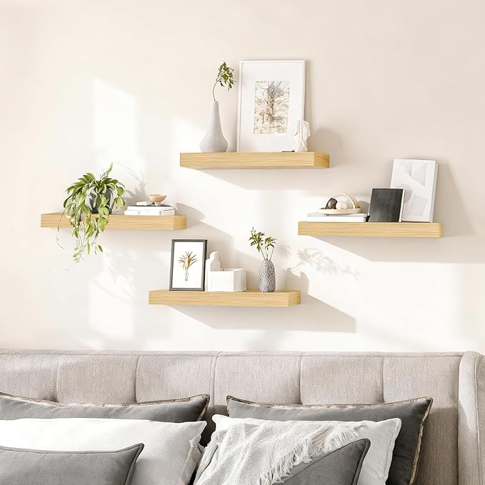 HOOBRO Floating Shelves for Wall, Wall Mounted Shelf Set of 2, 15.7" Hanging Shelf with Invisible Brackets, for Wall Decor Storage in Bathroom Bedroom Kitchen Living Room Office, Natural NL40BJ01