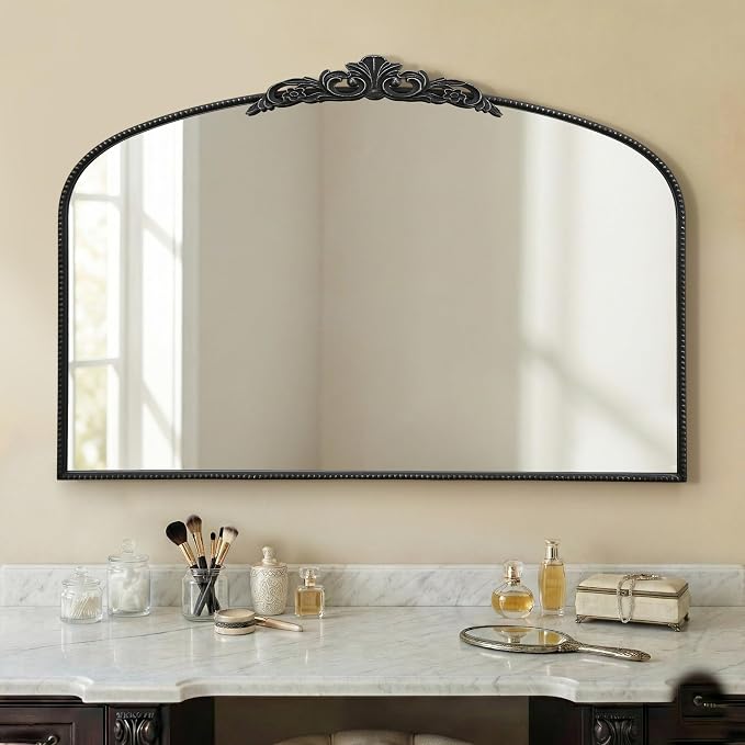 Micasso Large Vintage Black Mirror: 48"x33" French Baroque Antique Arched Mirror - Traditional Ornate Decorative for Wall/Fireplace/Mantel/Entryway/Bathroom/Hallway - Home Decor for Living Room