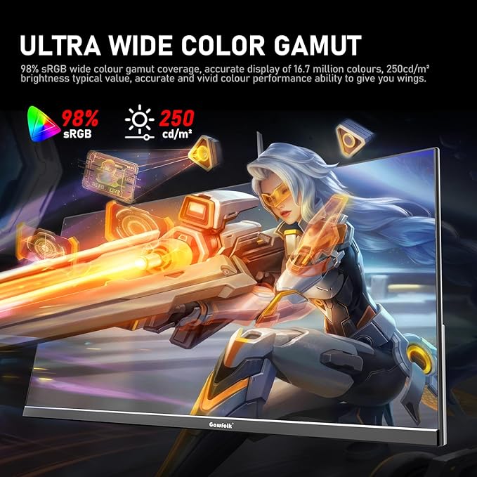Gawfolk 24.5 Inch PC 300Hz Gaming Monitor, FHD 1080p Screen,Adaptive Sync,1ms Without Bezel, 98% sRGB, 178 ° Angle View, HDMI、DisplayPort, Compatible with Wall mounting 75 * 75MM - Black