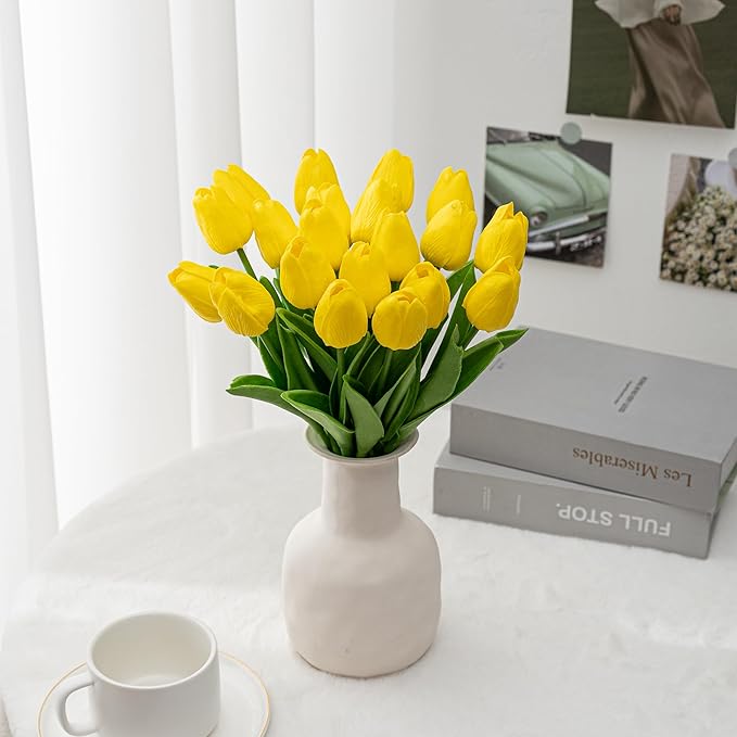 KAOYOO 18PCS Artificial Tulip Flowers Bouquet - Faux Latex Tulips for Home Decor,Office Desk,Kitchen Table,Wedding Centerpiece,Party,Spring Decoration(Yellow,18 Pack)