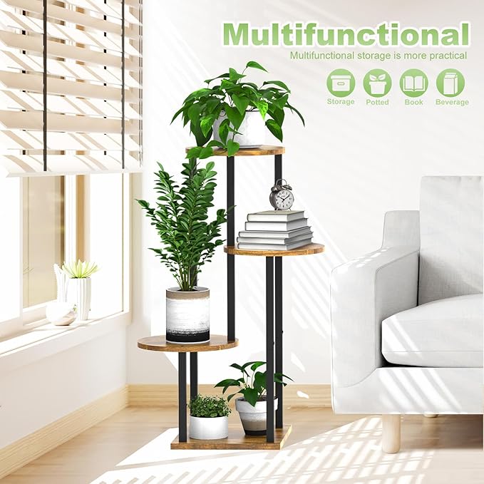 4 Tier Wood Tall Plant Stand Metal Rack Indoor, Multiple Flower Pot Holder Shelves Corner Rack, Round Planter Shelf Display Rack Storage Organizer for Patio Living Room Balcony(Black+Brown)