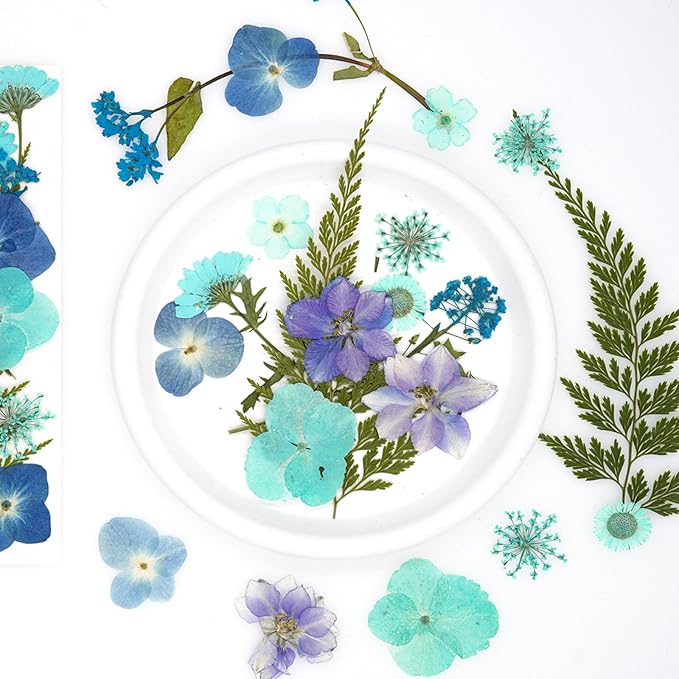 30Pcs Dried Pressed Natural Flowers for Resin Molds Real Pressed Flowers Dry Leaves Bulk Natural Herbs Kit for DIY Scrapbooking Art Crafts Jewelry Molds Candle Soap Making Nails Decor (Blue)